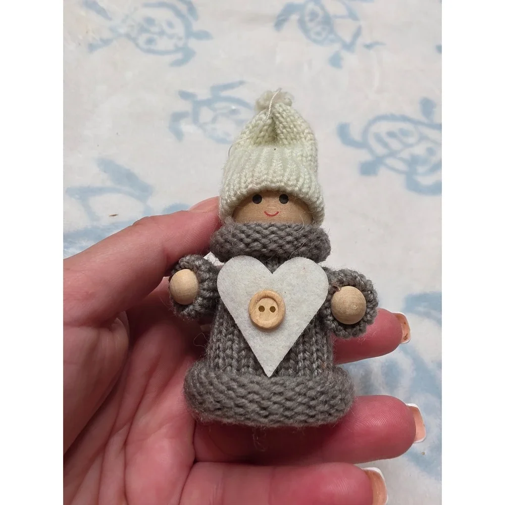Handmade Wooden Peg Doll Ornament Knit Grey Sweater Heart Button Christmas Decor